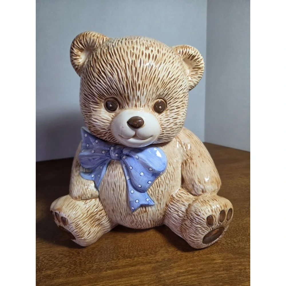 Vintage 1992 Theodore Brown Teddy Bear Cookie Jar Canister Baby Blue Bow